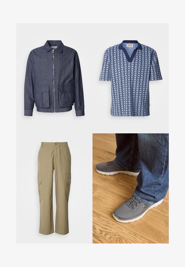 Scotch & Soda BLOUSON - Blouson Bomber - sky captain; Scotch & Soda PRINTED RELAXED FIT - Polo - faded denim; Pantalons cargo beige en tissu léger, dotés de deux poches latérales, d'une fermeture à bouton et d'une coupe droite.; Des chaussures de sport grises avec une tige en maille, une semelle blanche et des lacets élastiques. Associées à un jean en denim bleu, sur un sol en bois.
