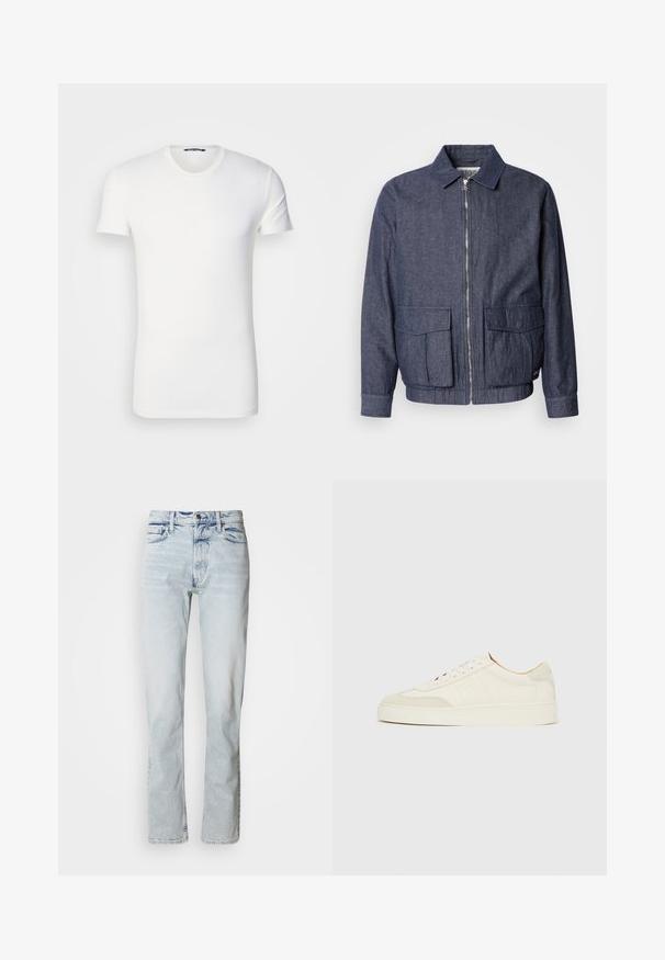 Scotch & Soda BLOUSON - Bomberjakke - sky captain; Hvid bomulds T-shirt med korte ærmer, rund halsudskæring og broderet logo på brystet. Glat tekstur og tætsiddende design.; Lyseblå denimjeans med lige snit, slidte detaljer, fem-lomme-design og klassisk knaplukning i taljen.; Hvide ruskinds-sneakers med en glat finish, rund tå, fladt snøresystem og kontrasterende teksturerede detaljer. Indeholder et diskret logo.
