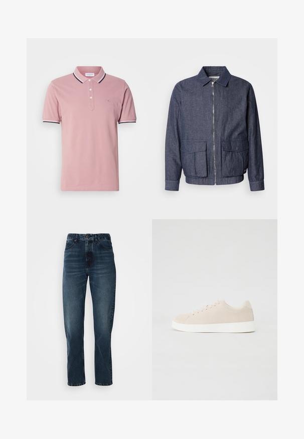 Scotch & Soda BLOUSON - Chaquetas bomber - sky captain; Camisa polo rosa con una tapeta de dos botones, cuello acanalado con rayas en marino y blanco, y un sutil logo bordado en el pecho.; Jeans de pierna recta azul oscuro con cierre frontal de botón y cremallera, diseño de cinco bolsillos y un ligero desgaste en los muslos y las rodillas.; Zapatillas de ante beige con suelas de goma blanca, puntera redondeada y seis ojales para los cordones. Textura suave con un diseño minimalista.