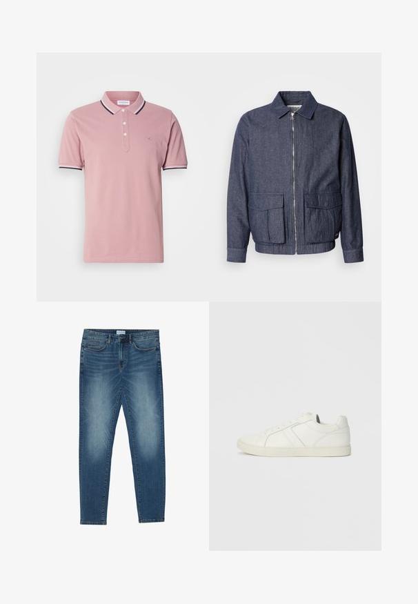 Scotch & Soda BLOUSON - Blouson Bomber - sky captain; Chemise polo rose avec patte de boutonnage à deux boutons, col côtelé présentant des rayures bleu marine et blanches, et un logo discret brodé sur la poitrine.; Jean en denim bleu moyen avec un délavage léger, design à cinq poches, coupe droite et accents cousus. Fermeture par bouton et zip.; Baskets blanches en cuir montantes basses avec fermeture à lacets et semelle en caoutchouc plate, vues du côté intérieur sur un fond uni.