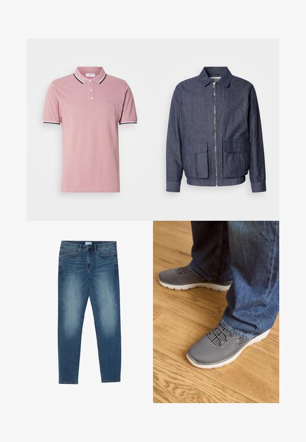 Scotch & Soda BLOUSON - Bomberjacks - sky captain; Roze poloshirt met een knoopsluiting met twee knopen, een geribbelde kraag met marineblauwe en witte strepen, en een subtiel logo geborduurd op de borst.; Middenblauwe denim jeans met een vervaagde was, vijfzakdesign, rechte pasvorm en gestikte accenten. Sluiting met knoop en rits.; Grijze sportschoenen met een bovenwerk van gaas, witte zool en elastische veters. Gecombineerd met blauwe denim jeans, op een houten vloer.