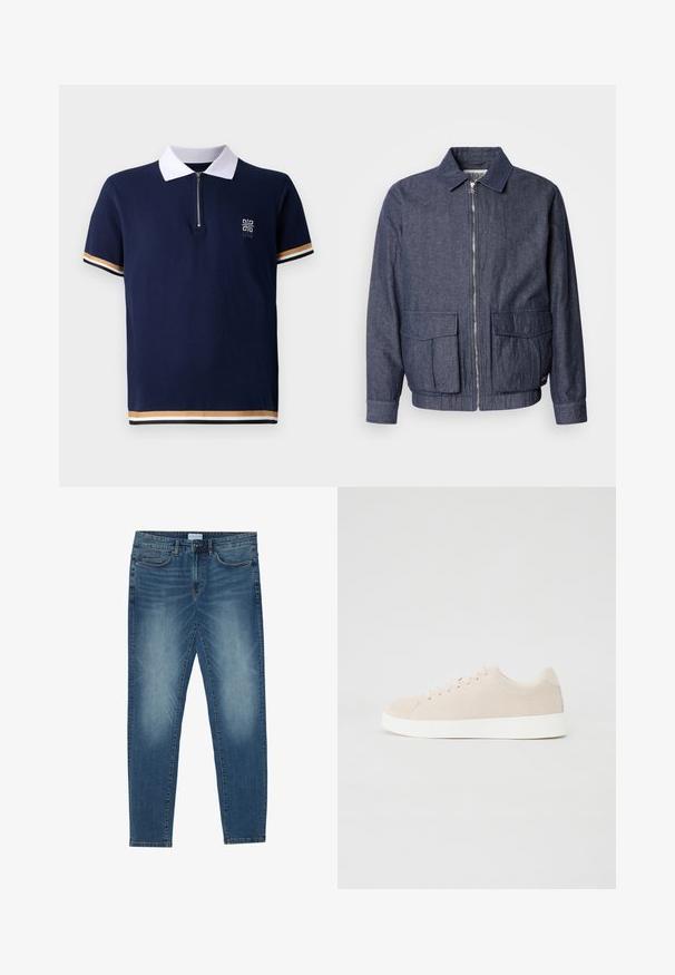Scotch & Soda BLOUSON - Bomberjacks - sky captain; Marineblauw polo shirt met witte kraag, kwart-rits ontwerp en gestructureerde stof. Beschikt over gestreepte accenten in goud en wit op de mouwen.; Middenblauwe denim jeans met een vervaagde was, vijfzakdesign, rechte pasvorm en gestikte accenten. Sluiting met knoop en rits.; Beige suède sneakers met witte rubberen zolen, ronde neus en zes veterogen. Gladde textuur met minimalistisch ontwerp.
