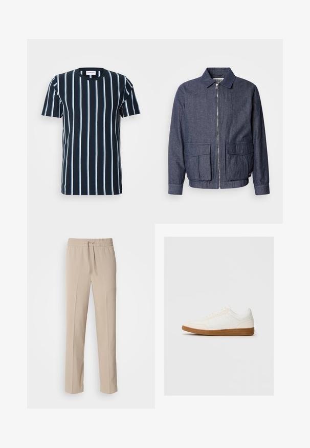 Scotch & Soda BLOUSON - Bomberjacke - sky captain; StreifenT-Shirt in Marineblau mit vertikalen weißen Streifen, Rundhalsausschnitt, kurzen Ärmeln und lockerer Passform. Glattes Baumwollmaterial.; Beige, locker sitzende Hosen aus weichem Stoff, mit einem elastischen Bund und Kordelzug sowie geraden Beinen mit minimalen Akzenten.; Weißer Sneaker mit einer Wildleder-Zehenkappe, glattem Synthetik-Obermaterial und einer sandfarbenen Gummisohle. Verfügt über Perforationen an den Seiten für Atmungsaktivität.