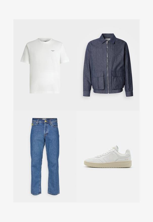Scotch & Soda BLOUSON - Bomberjacks - sky captain; Wit T-shirt met korte mouwen en een ronde hals met een klein zwart tekstlogo "Marc O'Polo DENIM" op de bovenste linkerborst.; Blauwe spijkerbroek met een recht model, met gele metalen hardware, vijf zakken en subtiele stiksels door het hele ontwerp.; Witte leren sneakers met een gestructureerde afwerking en een gevoerde kraag. Voorzien van een beige rubberen zool en subtiele branding op de hiel en zijkant.