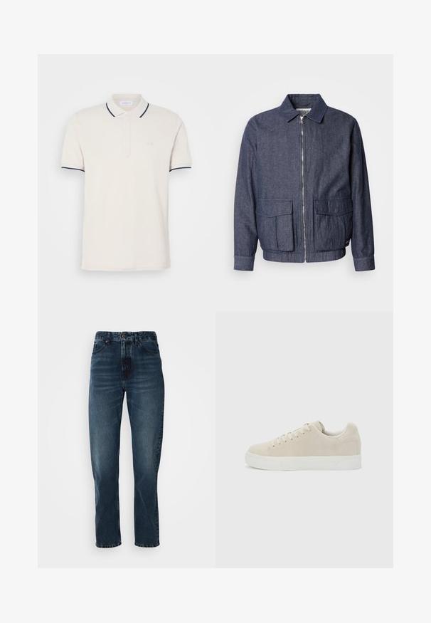 Scotch & Soda BLOUSON - Bomberjacks - sky captain; Crème polo shirt met een drieknoopsluiting, korte mouwen en marineblauwe accenten op de kraag en mouwen. Zachte katoenmix stof.; Donkerblauwe recht gesneden jeans met een sluiting met knoop en rits aan de voorkant, vijf-pocket ontwerp en subtiele vervaging op de dijen en knieën.; Beige lage sneaker met veters aan de voorkant en dikke witte rubberen zool op een effen lichtgrijze achtergrond.