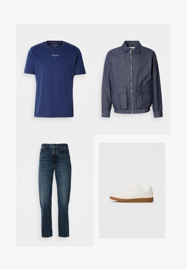 Scotch & Soda BLOUSON - Bomberjakke - sky captain; Mørkeblå bomulds T-shirt med korte ærmer, rund udskæring og lille hvidt logo på brystet. Glat tekstur og afslappet pasform.; Mørkeblå lige bukser med frontknap og lynlås, fem-lomme design og subtil fading på lår og knæ.; Hvide sneakers med en ruskind tåspids, glat syntetisk overdel og tan gummisål. Har perforeringer på siderne for åndbarhed.