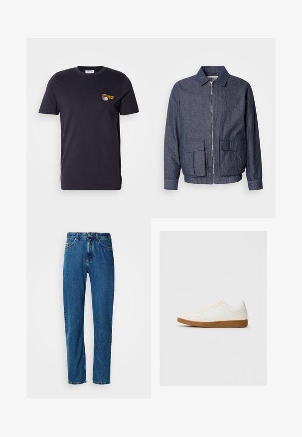 Scotch & Soda BLOUSON - Chaquetas bomber - sky captain; Camiseta de algodón de color azul marino oscuro con mangas cortas y cuello redondo. Presenta un pequeño diseño bordado con texto en el área del pecho izquierdo.; Jeans de mezclilla azul de pierna recta con cinco bolsillos y cierre frontal de botón sobre un fondo blanco.; Zapatilla blanca con una puntera de ante, parte superior sintética suave y suela de goma marrón. Presenta perforaciones en los laterales para mayor transpirabilidad.