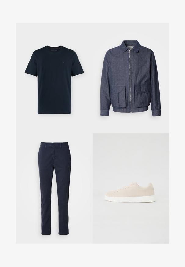 Scotch & Soda BLOUSON - Chaquetas bomber - sky captain; Camiseta azul marino oscuro de manga corta y cuello redondo, con un pequeño logo discreto en el pecho izquierdo sobre fondo blanco.; Pantalones de algodón azul marino de corte ajustado con trabillas y cierre de botón, exhibidos sobre un fondo blanco.; Zapatillas de ante beige con suelas de goma blanca, puntera redondeada y seis ojales para los cordones. Textura suave con un diseño minimalista.