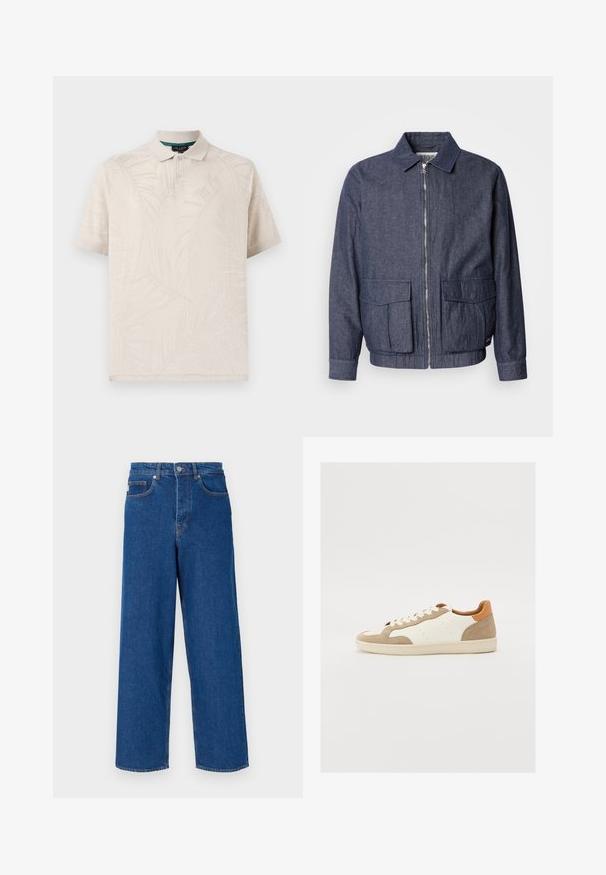 Scotch & Soda BLOUSON - Bomber-jakk - sky captain; Bež polo särk, mis on valmistatud tekstuuriga kangast ja millel on peen palmilehe muster. Sellel on klassikaline krae ja kaeluses kaks nööpi.; Laiad sinised teksad, mis on valmistatud denimist, kõrge vöökohaga, viie tasku disainiga ning kontrastõmblustega õmbluste ja taskute ääres.; Kreemivärvi nahast ülemise osaga tossud, beežide nahast aksessuaaridega ja pruunikalt värvitud kannaosaga. Omab litasid ja perforatsioone, et tagada hingavus.