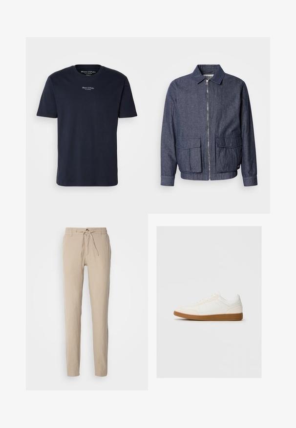 Scotch & Soda BLOUSON - Bomberjacke - sky captain; Dunkelblaue Baumwoll-T-Shirt mit kurzen Ärmeln, Rundhalsausschnitt, mit kleinem weißen Logo-Text auf der oberen Brust. Angenehme Haptik, normale Passform.; Beige Leinenhose mit geradem Schnitt, elastischem Bund mit Kordelzug und zwei Seitentaschen. Glatte Textur und minimalistisches Design.; Weißer Sneaker mit einer Wildleder-Zehenkappe, glattem Synthetik-Obermaterial und einer sandfarbenen Gummisohle. Verfügt über Perforationen an den Seiten für Atmungsaktivität.