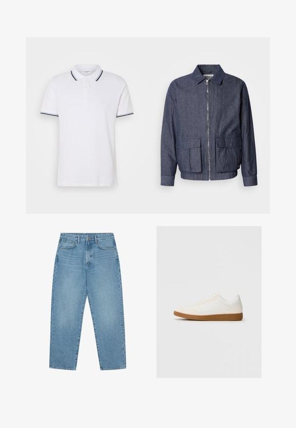 Scotch & Soda BLOUSON - Chaquetas bomber - sky captain; Camiseta polo blanca de algodón con cuello, tapeta de tres botones y acentos a rayas en azul marino y blanco en las mangas.; Pantalones vaqueros de mezclilla azul claro con corte de pierna recta, diseño de cinco bolsillos y textura ligeramente desgastada. Cuentan con cierre de botón y cremallera.; Zapatilla blanca con una puntera de ante, parte superior sintética suave y suela de goma marrón. Presenta perforaciones en los laterales para mayor transpirabilidad.