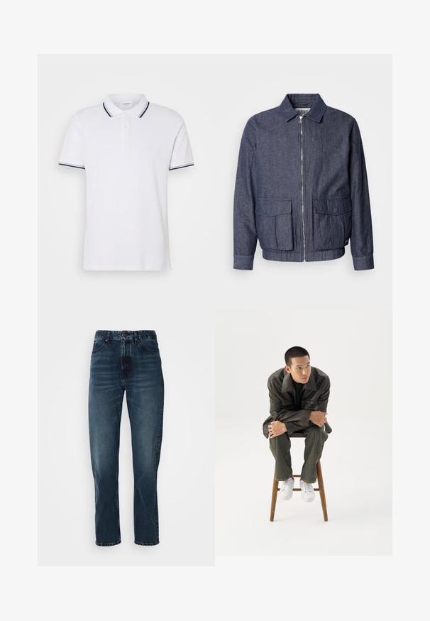 Scotch & Soda BLOUSON - Bomberjacke - sky captain; Weißes Poloshirt aus Baumwolle mit kragen, einer Knopfleiste mit drei Knöpfen und navyblauen sowie weißen gestreiften Akzenten an den Ärmeln.; Dunkelblaue gerade Jeans mit Knopf- und Reißverschluss vorne, Fünf-Taschen-Design und subtiler Ausbleichung an Oberschenkeln und Knien.; Junger Mann in dunkler Lederjacke und Jeans sitzt auf einem Holzstuhl, lehnt sich mit verschränkten Armen nach vorne und schaut seitlich vor weißem Hintergrund.