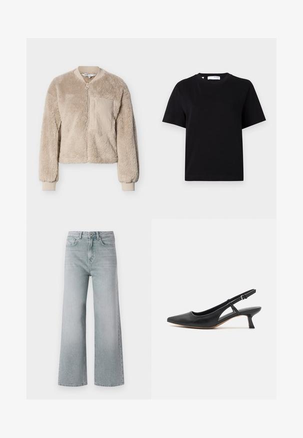 Chaqueta bomber de piel sintética beige con cierre de cremallera frontal, puños acanalados y un solo bolsillo parche. Textura suave y corte corto.; Camiseta negra lisa de manga corta con cuello redondo, ajuste relajado y una pequeña etiqueta en el cuello.; Jeans de pierna ancha gris claro, hechos de mezclilla con un acabado desgastado. Presentan cinco bolsillos, pasadores para cinturón y un cierre con botón delantero.; Zapato slingback de piel negra con punta afilada, tacón bajo tipo bloque, detalle en los laterales recortados y correa ajustable en el tobillo. Textura suave en toda la superficie.