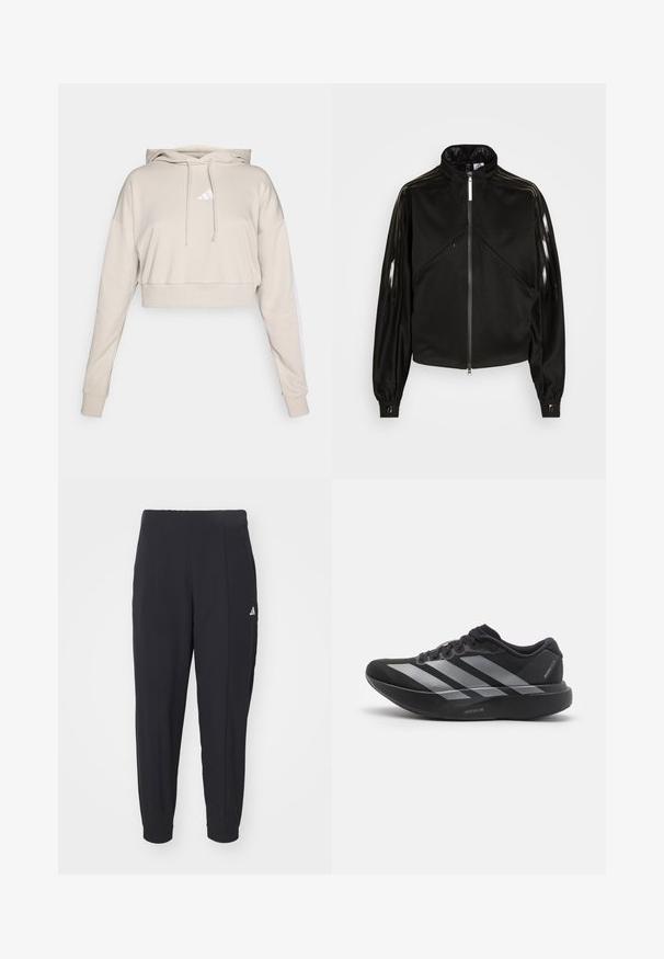 Sort atletisk jakke med lynlås, høj krave, blanke sorte striber på ærmerne, elastiske manchetter og to frontlomme med lynlås.; Lys beige cropped sweatshirt med hætte, med et hvidt trekantet logo og hvide side striber. Lavet af blødt, tekstureret stof.; Sorte træningsbukser lavet af et glat stof. Taperet design med elastiske manchetter. Har et lille hvidt logo på venstre hofte.; Sort løbesko med sølvstriber, tyk polstret sål mærket "Lightstrike Pro," set fra siden på hvid baggrund.