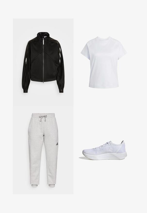 Zwarte sportieve jas met ritssluiting, hoge kraag, glanzende zwarte strepen op de mouwen, elastische manchetten en twee voorzakken met rits.; Effen wit T-shirt met korte mouwen en ronde hals met een subtiel logo in reliëf op de borst, weergegeven op een witte achtergrond.; Lichtgrijze sweatpants met elastische tailleband en trekkoord. Met boorden aan de enkels. Zwarte logo-detail op het linkerbeen. Zacht katoenmateriaal.; Witte sportieve schoen met een ademend mesh bovenwerk, vetersluiting, gevoerde kraag en een gestructureerde rubberen zool voor grip.