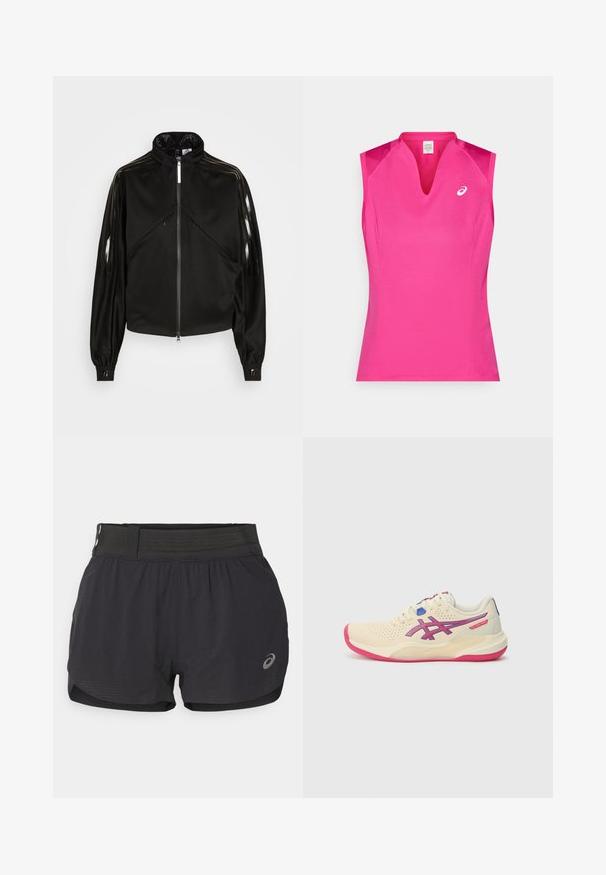 Sort atletisk jakke med lynlås, høj krave, blanke sorte striber på ærmerne, elastiske manchetter og to frontlomme med lynlås.; Ærmeløs sportstop i klar pink med V-hals. Fremstillet af glat, let stof med en diskret glans og logo-detalje.; Sort løbeshorts med en mesh-linning, der har en glat tekstur, kort længde og et lille logo på nederste højre side.; Cremefarvet sportsko med en lyserød sål, blå og lilla accenter, perforeret overdel og design med rund tå.