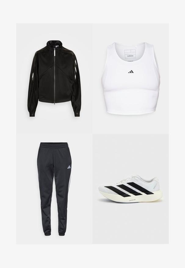 Veste de sport noire avec fermeture éclair, col montant, rayures noires brillantes sur les manches, poignets élastiques et deux poches avant avec fermeture éclair.; Crop top de sport blanc en tissu léger et respirant. Présente des panneaux latéraux en mesh et un logo noir brodé sur la poitrine.; Pantalons de sport noirs avec une taille élastique, des jambes effilées et des bandes latérales blanches. Présente un petit logo gris en forme de trèfle sur la cuisse gauche.; Chaussure de running blanche avec motif trois bandes noires sur le côté et semelle blanche épaisse étiquetée "Lightstrike Pro" sur fond uni.