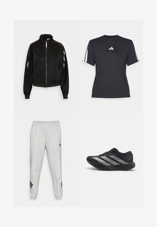 Zwarte sportieve jas met ritssluiting, hoge kraag, glanzende zwarte strepen op de mouwen, elastische manchetten en twee voorzakken met rits.; Zwarte sport T-shirt van zacht materiaal, met een ronde hals, korte mouwen en drie witte strepen op elke schouder. Witte logo op de borst.; Lichtgrijze sweatpants met een geribbelde elastische tailleband, taps toelopende pijpen en drie zwarte diagonale strepen nabij de manchetten. Soepele textuur.; Zwarte hardloopschoen met zilveren strepen, dikke gedempte zool met het label "Lightstrike Pro," zijaanzicht op witte achtergrond.