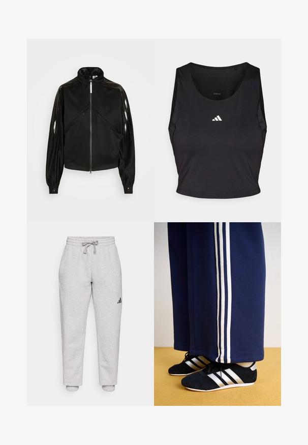 Sort atletisk jakke med lynlås, høj krave, blanke sorte striber på ærmerne, elastiske manchetter og to frontlomme med lynlås.; Sort sports crop top lavet af fugttransporterende stof, med rund hals, ærmeløs design og hvidt logo på brystet.; Lys grå sweatpants med elastisk talje og snøre. Manchetter ved anklerne. Sort logo detalje på venstre ben. Blødt bomuldsstof.; Mørkeblå træningsbukser med tre hvide lodrette striber og sorte sportssko med sølvstriber og en struktureret overflade. Gul gulv.