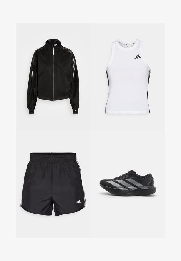 Zwarte sportieve jas met ritssluiting, hoge kraag, glanzende zwarte strepen op de mouwen, elastische manchetten en twee voorzakken met rits.; Witte sportieve tanktop met zwarte zijaccenten en logo. Heeft een ronde halslijn en een getailleerd design, gemaakt van lichtgewicht, ademend materiaal.; Zwarte sportshorts met een elastische tailleband, zijsplitten en witte drievoudige strepenaccenten. Bevat een klein wit logo op de rechteronderkant.; Zwarte hardloopschoen met zilveren strepen, dikke gedempte zool met het label "Lightstrike Pro," zijaanzicht op witte achtergrond.
