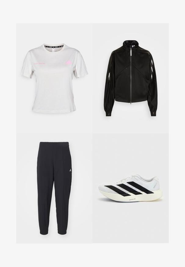 Sort atletisk jakke med lynlås, høj krave, blanke sorte striber på ærmerne, elastiske manchetter og to frontlomme med lynlås.; Lys grå T-shirt med korte ærmer, der har en rund hals, "ADIDAS RUNNING" trykt i pink, med pink Adidas-logo på brystet. Blød stoftekstur.; Sorte træningsbukser lavet af et glat stof. Taperet design med elastiske manchetter. Har et lille hvidt logo på venstre hofte.; Hvid løbesko med sort tre-stribet design på siden og tyk hvid sål mærket "Lightstrike Pro" på ensfarvet baggrund.