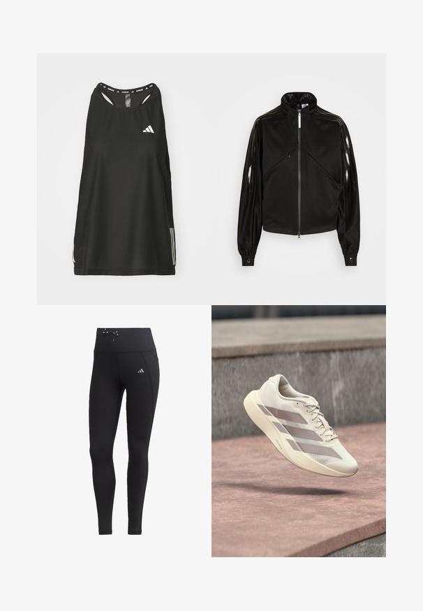 Zwarte sportieve jas met ritssluiting, hoge kraag, glanzende zwarte strepen op de mouwen, elastische manchetten en twee voorzakken met rits.; Zwarte mouwloze sporttop met een ronde halslijn. Bevat een wit logo en drie witte strepen aan de zijkanten; gemaakt van ademend materiaal.; Zwarte legging met hoge taille, koorddetail en zijzakken. Gemaakt van gladde stof met reflecterende logo-accent.; Roomkleurige hardloopschoen met taupekleurige strepen, zwevend boven een roodbruine betegelde ondergrond en een grijze stenen achtergrond.