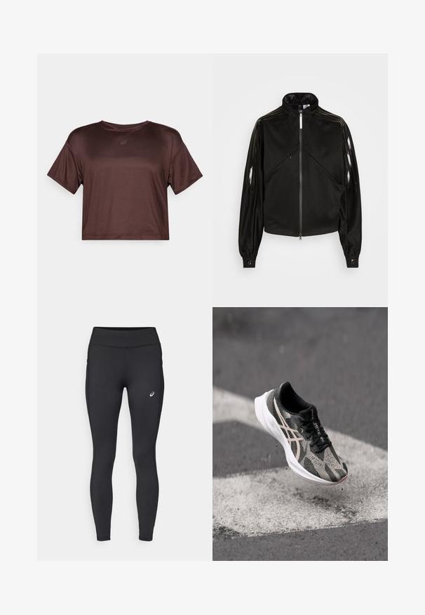 Schwarze Sportjacke mit Reißverschluss, hohem Kragen, glänzenden schwarzen Streifen an den Ärmeln, elastischen Bündchen und zwei Fronttaschen mit Reißverschluss.; Kurze ärmels, cropped, brauner Sportoberteil aus glattem, leichtem Stoff mit einem subtilen Glanz und einem kleinen Logo auf der Brust.; ASICS CORE WINTER - Winter-Tights - performance black; Schwarze und graue Laufschuhe mit einer strukturierten Oberseite, die ein Schnürdesign aufweisen und eine weiße Sohle haben. Mit reflektierenden Details akzentuiert.