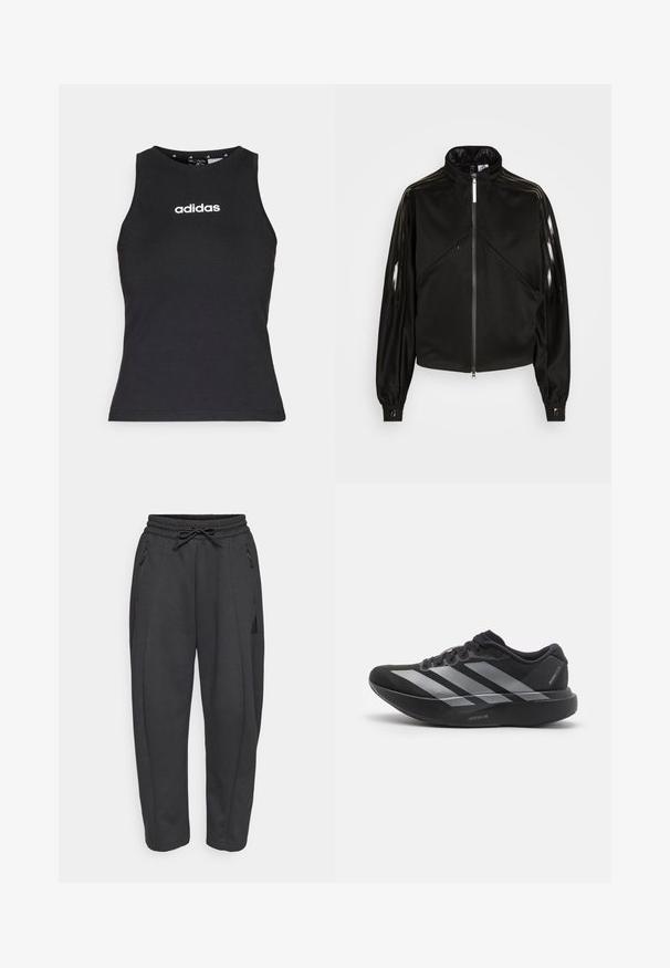 Veste de sport noire avec fermeture éclair, col montant, rayures noires brillantes sur les manches, poignets élastiques et deux poches avant avec fermeture éclair.; Haut sans manches noir en coton, avec un col rond et le logo "adidas" blanc centré sur la poitrine. Texture lisse, coupe normale.; Pantalons de sport noirs avec une taille élastique, cordon de serrage, poches zippées sur les côtés et jambes fuselées. Fabriqués en tissu doux et texturé.; Chaussure de course noire avec des rayures argentées, semelle épaisse rembourrée étiquetée "Lightstrike Pro," vue de côté sur fond blanc.