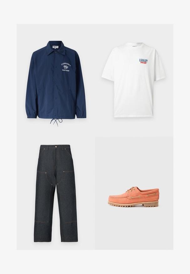Marineblå jakke med knapper, krave, elastiske manchetter, snøre i bunden, sidelommer og hvid "Carhartt Wip Eightynine" logo på brystet.; Hvid T-shirt med korte ærmer med blå og rød "Carhartt WIP"-logo på venstre bryst, rund hals og løs pasform.; Mørkeblå denimjeans med vid ben, der har kontrasterende orange syninger, forlommer og en klassisk knaplukning.; Orange læder bådsko med en mokkastil design, rund tå, brune snørebånd og gummisål med grebsgroove.
