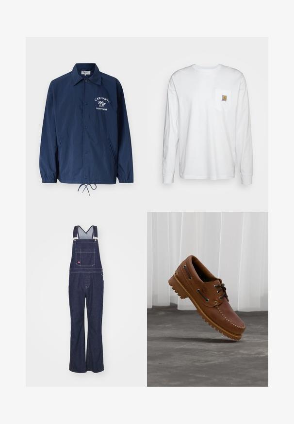 Marineblauw jack met knopen en kraag, elastische manchetten, verstelbare zoom met trekkoord, zijzakken en een wit "Carhartt Wip Eightynine" logo op de borst.; Wit katoenen overhemd met lange mouwen, met een borstzakje met een vierkante logo patch. Eenvoudig ontwerp met een ronde halslijn en manchetten.; Dickies CLASSIC - Straight leg jeans - rinsed; Bruine leren bootschoen met zwarte veters, beige stiksel en een robuuste zool, zwevend boven een grijze betonnen vloer.