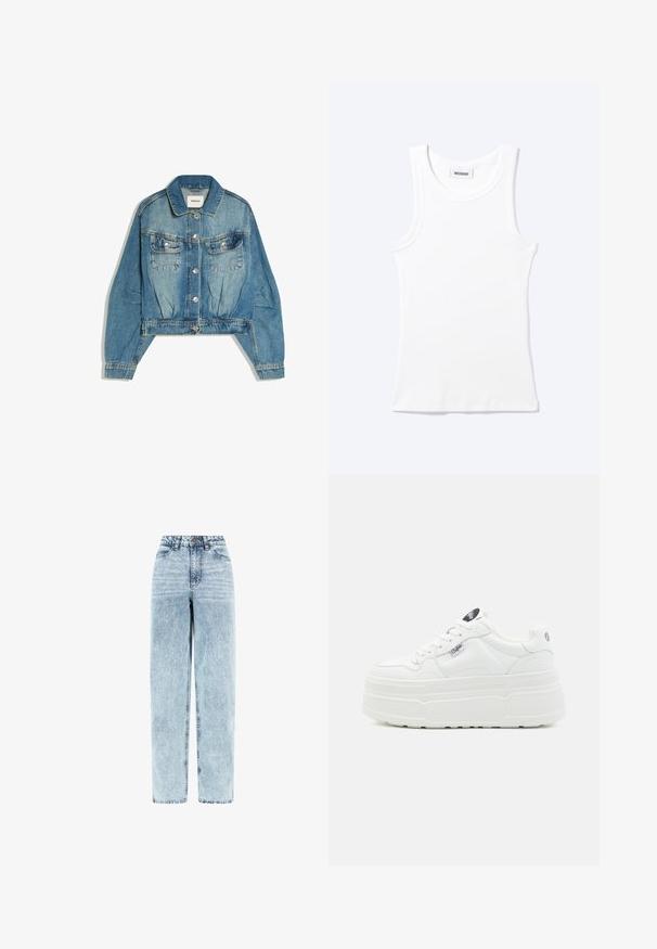 Blå denimjakke med knapper foran, to brystlommer med klap, lange ærmer og krave, lagt fladt på en hvid baggrund.; Hvid ærmeløs ribstrikket top med rund halsudskæring og en lille label med teksten "WEEKDAY" indeni kraven.; Høj talje, lyseblå falmet denimjeans med lige ben, knaplukning foran, lynlås og forlommer.; Hvide platform sneakers med en glat syntetisk overflade, rund tå, polstret krave og tekstureret sål. Har et kontrasterende logo-tag.