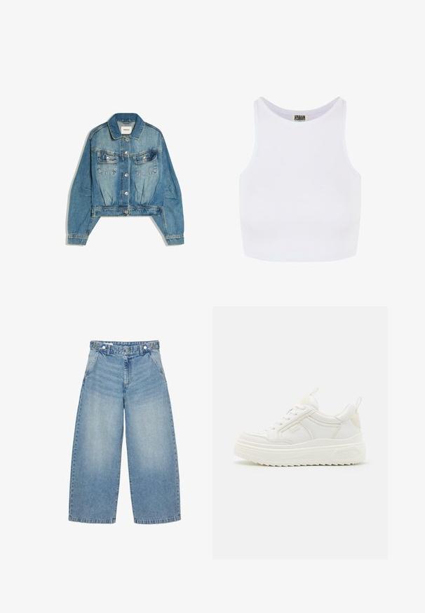 Veste en denim bleu avec fermeture à boutons sur le devant, deux poches poitrine à rabat, manches longues et col, posée à plat sur fond blanc.; Débardeur court blanc à côtes avec de larges bretelles et un col rond. Il présente une texture douce et un design minimaliste sans motifs.; Jean en denim bleu clair à jambes larges avec taille haute, poches avant, fermeture par bouton et passants pour ceinture.; Baskets en cuir blanc avec une semelle épaisse, design à lacets et branding subtil. Présentent une texture lisse et un bout arrondi.