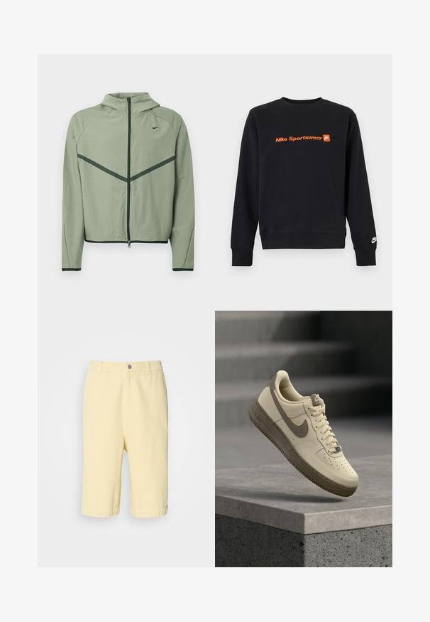 Hellgrüne Sportjacke mit durchgehendem Reißverschluss, Kapuze und kontrastierenden dunkelgrünen Akzenten. Sie verfügt über lange Ärmel und eine taillierte Passform.; Schwarzes Sweatshirt mit Rundhalsausschnitt und langen Ärmeln, mit orangem „Nike Sportswear“-Schriftzug und Logo auf der Brust und kleinem weißen Nike-Swoosh am linken Ärmelbündchen.; Gelbe Baumwoll-Shorts mit geradem Schnitt, mit einem Knopfverschluss vorne und umgeschlagenem Saum. Glatte Textur, lässiges Design.; Beige und brauner Nike Air Force 1 Sneaker mit Schnürsenkeln, schwebend über einer Betonfläche mit Treppen im Hintergrund.