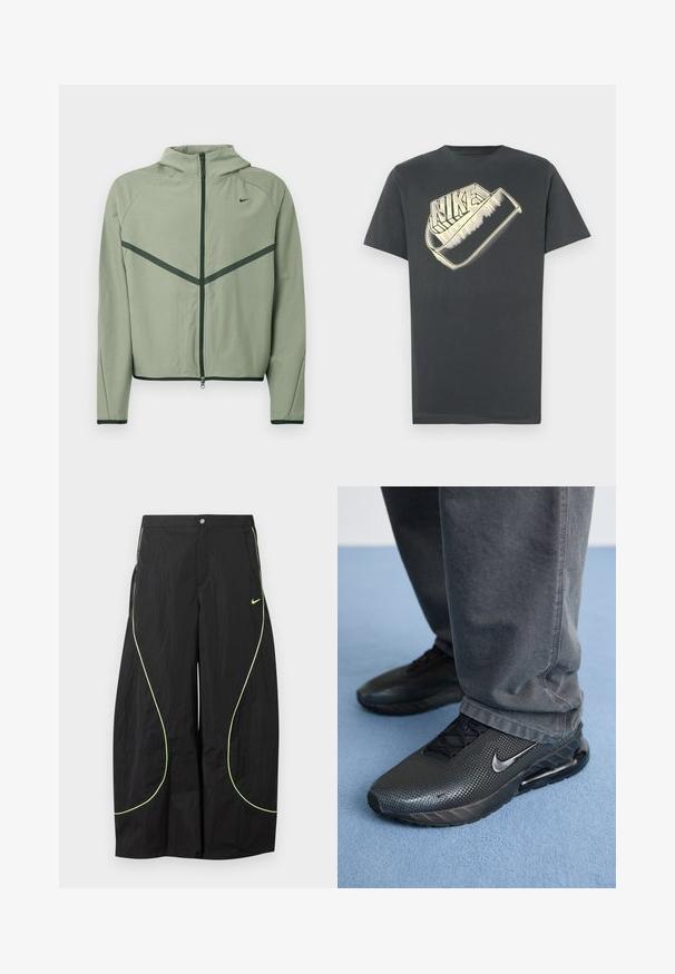 Veste de sport vert clair avec fermeture éclair à l'avant, capuche et accents vert foncé contrastants. Caractérisée par des manches longues et une coupe ajustée.; T-shirt gris foncé en coton avec un col rond. Dispose d'un grand logo "Nike" stylisé de couleur plus claire à l'avant.; Pantalon large noir Nike avec passepoil courbé vert néon et petit logo Nike Swoosh sur la cuisse droite, fermeture par bouton et zip à la taille.; Des chaussures de sport Nike noires avec un dessus texturé, des détails perforés et une unité de coussin d'air visible, associées à un pantalon gris.