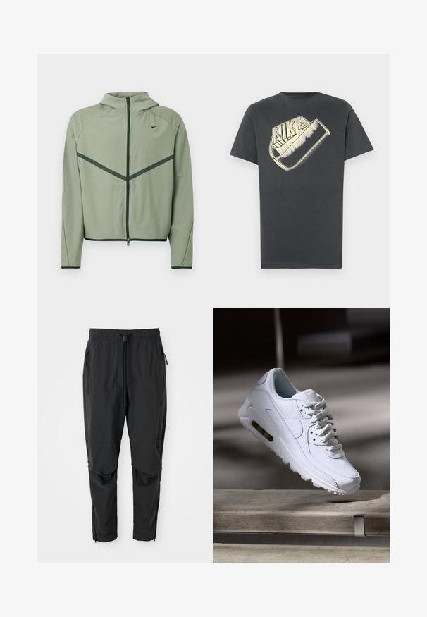 Lichtgroene sportjas met een rits aan de voorkant, capuchon en contrasterende donker groene accenten. Voorzien van lange mouwen en een aansluitend ontwerp.; Donkergrijs katoenen T-shirt met een ronde halslijn. Voorzijde heeft een groot, gestileerd "Nike"-logo in een lichtere kleur.; Zwarte lichte broek met elastische tailleband, koord, ritszakken aan de zijkant, gebogen knieën en ritssluitingen bij de enkels.; Witte leren sneaker met gestructureerde oppervlakken, gevoerde kraag en zichtbare luchtbescherming in de zool. Heeft veters en een minimalistisch ontwerp.