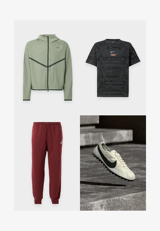 Lichtgroene sportjas met een rits aan de voorkant, capuchon en contrasterende donker groene accenten. Voorzien van lange mouwen en een aansluitend ontwerp.; Zwart T-shirt met een gestructureerd patroon, met een klein Nike-logo in lichtblauw en een rechthoekige logopatch in contrasterende kleuren.; Bordeauxkleurige sweatpants van zachte stof, met een elastische tailleband met aantrekkoord en taps toelopende boorden, gemarkeerd met een klein wit logo.; Witte Nike-sneaker met zwart Swoosh-logo, veters en een rubberen zool met grip, getoond in de lucht boven betonnen trappen.