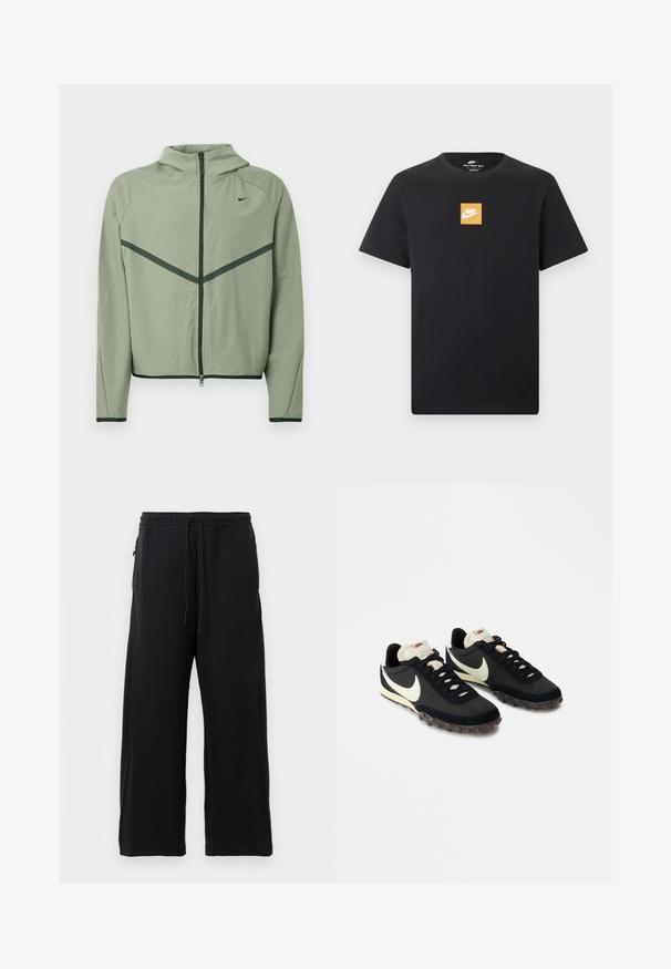 Lysegrøn atletikjakke med lynlåssøm foran, hætte og kontrasterende mørkegrønne detaljer. Har lange ærmer og en tætsiddende pasform.; Sort kortærmet Nike T-shirt med en lille orange firkantet logo og hvid Nike-swoosh placeret centralt på brystet.; Sorte joggingbukser lavet af blødt stof, med snoretræk i livet, bred ben-design og sidelommer med en glat overflade.; Sorte sportssko med en struktureret overdel, hvid swoosh-logo og gummisål med små stik til trækkraft. Elfenbensfarvet krave.
