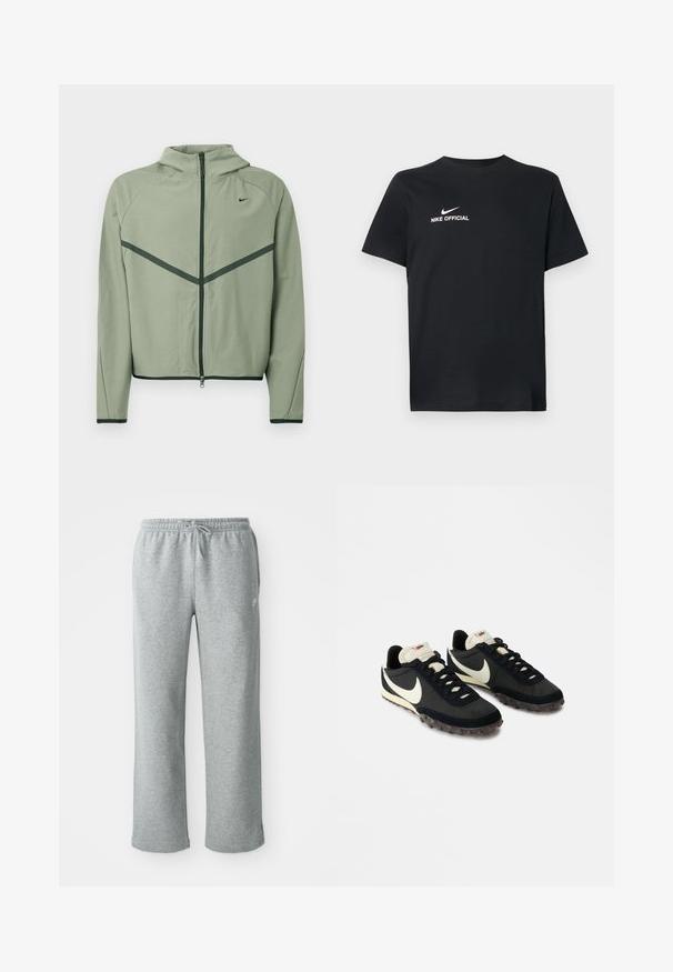 Lysegrøn atletikjakke med lynlåssøm foran, hætte og kontrasterende mørkegrønne detaljer. Har lange ærmer og en tætsiddende pasform.; Sort bomulds t-shirt med rund halsudskæring. Har et hvidt Nike-logo og teksten "NIKE OFFICIAL" på fronten. Korte ærmer.; Grå bomulds sweatpants med elastisk talje, snorelukning og lige ben. Har et lille logo på den øverste venstre side.; Sorte sportssko med en struktureret overdel, hvid swoosh-logo og gummisål med små stik til trækkraft. Elfenbensfarvet krave.
