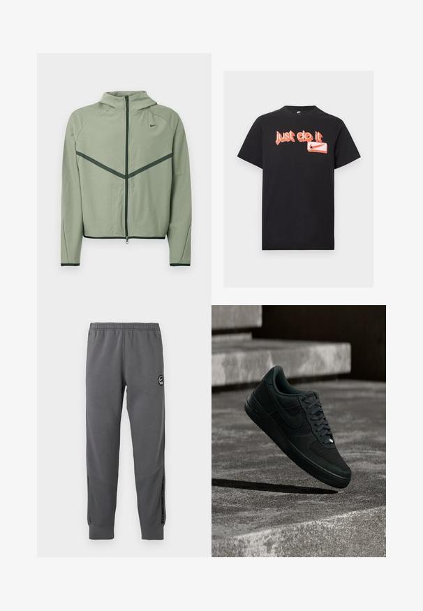 Lysegrøn atletikjakke med lynlåssøm foran, hætte og kontrasterende mørkegrønne detaljer. Har lange ærmer og en tætsiddende pasform.; Sort kortærmet Nike T-shirt med orange graffiti-style "Just do it" tekst og Nike swoosh logo foran.; Grå sweatpants lavet af blødt stof med elastisk talje, tætsiddende ben, sidelommer og en cirkulær logo-patch.; Sort Nike Air Force 1 sportssko med mesh- og lærdetaljer, svævende over strukturerede betontrapper i dæmpet belysning.