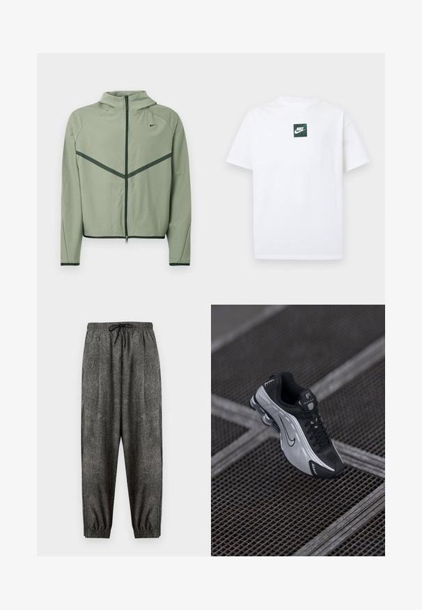 Lysegrøn atletikjakke med lynlåssøm foran, hætte og kontrasterende mørkegrønne detaljer. Har lange ærmer og en tætsiddende pasform.; Hvid Nike T-shirt med korte ærmer og et lille grønt firkantet logo med Nike swoosh og tekst centreret på brystet.; Mørkegrå teksturerede joggingbukser med elastisk taljebånd og sort snøre, elastiske manchetter og løs pasform.; Nike atletiksko med et sort og sølv design. Lavet af syntetisk materiale med mesh-detaljer og en støttende sål med synlig luftstødabsorbering.