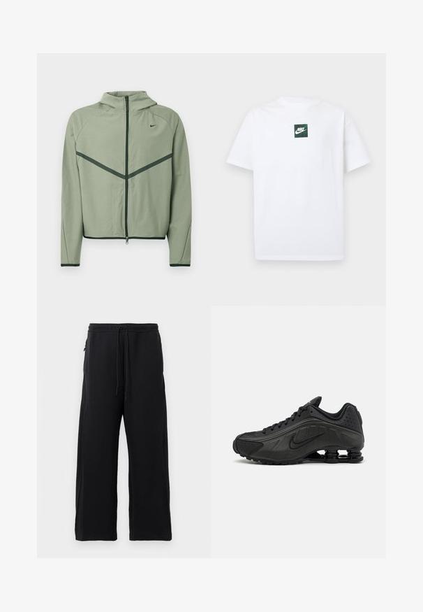 Lysegrøn atletikjakke med lynlåssøm foran, hætte og kontrasterende mørkegrønne detaljer. Har lange ærmer og en tætsiddende pasform.; Hvid Nike T-shirt med korte ærmer og et lille grønt firkantet logo med Nike swoosh og tekst centreret på brystet.; Sorte joggingbukser lavet af blødt stof, med snoretræk i livet, bred ben-design og sidelommer med en glat overflade.; Sorte løbesko med en glat syntetisk overdel, perforerede detaljer, teksturerede sidedele og en distinkt fjedrende sål.