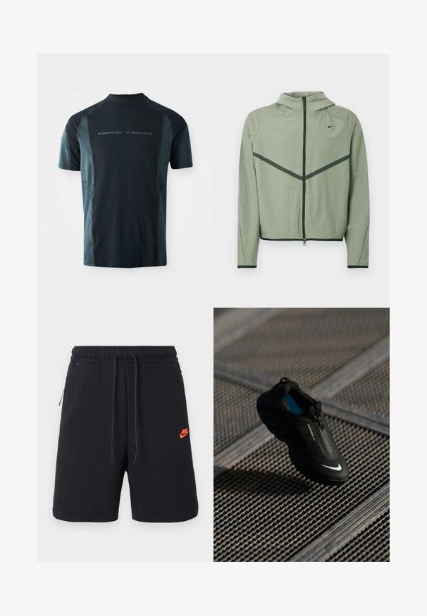 Chaqueta deportiva de color verde claro con cremallera frontal, capucha y detalles en verde oscuro contrastante. Presenta mangas largas y un diseño ajustado.; Camiseta Nike Tech de manga corta, con un cuerpo en azul marino oscuro y paneles laterales en teal claro, y un cuello alto. Logo impreso en la parte delantera.; Pantalones cortos negros de Nike con cintura elástica, cordón ajustable, bolsillos laterales y un pequeño logo naranja de Nike en el muslo izquierdo.; Zapatilla Nike Air Max negra con un diseño elegante, cierre de cremallera, parte superior texturizada y un logotipo blanco prominente en el lateral, ubicada sobre un fondo de rejilla.