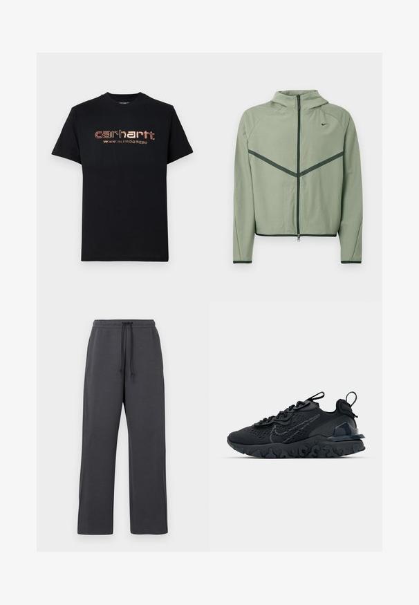Veste de sport vert clair avec fermeture éclair à l'avant, capuche et accents vert foncé contrastants. Caractérisée par des manches longues et une coupe ajustée.; T-shirt noir à manches courtes avec logo métallique cuivre « Carhartt WORK IN PROGRESS » centré sur la poitrine.; Pantalon de survêtement gris avec taille à cordon, en tissu doux. Design à jambes larges avec coutures latérales, accents minimaux, et aucun motif visible.; Chaussure de sport noire avec une tige en mesh respirant, des accents texturés et une semelle en caoutchouc ondulée. Comprend un logo réfléchissant et un système de laçage.