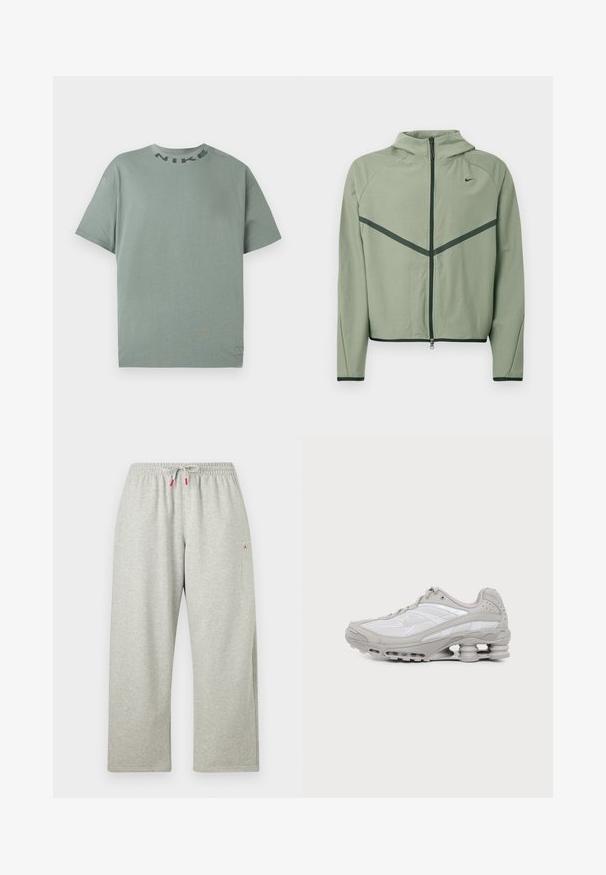 Svetlozelená športová bunda so zipsom vpredu, kapucňou a kontrastnými tmavozelenými akcentmi. Má dlhé rukávy a priliehavý strih.; Svetlozelené tričko Nike s krátkym rukávom a okrúhlym výstrihom, s čiernym nápisom "NIKE" blízko goliera, zobrazené na jednoduchom bielom pozadí.; Svetlosivé voľné tepláky s elastickým pásom a bielou šnúrkou s červenými koncami, s malým červeným logom na hornej časti stehna.; Šedá a biela športová teniska s viditeľnou podrážkou s vzduchovou vložkou a sieťovinovými panelmi, zobrazená v profile na jednoduchom svetlom pozadí.