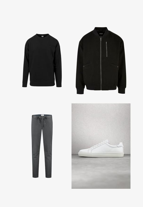 Sort bomberjakke med frontlynlås, to sidelommer og ribbede manchetter. Fremstillet af et glat stof med et rent, minimalistisk design.; Sort sweatshirt lavet af blødt stof. Har en rund halsudskæring, lange ærmer og ribbede manchetter og kant. Enkel, udekoreret design.; Grå, strækbare bukser med en glat tekstur, snøre i taljen og en knaplukning. Har et slim-fit design og minimale synlige sømme.; Hvide sneakers med en glat læderoverdel og lav profil. Har en rund tå, seks snørehuller og en tekstureret gummisål.