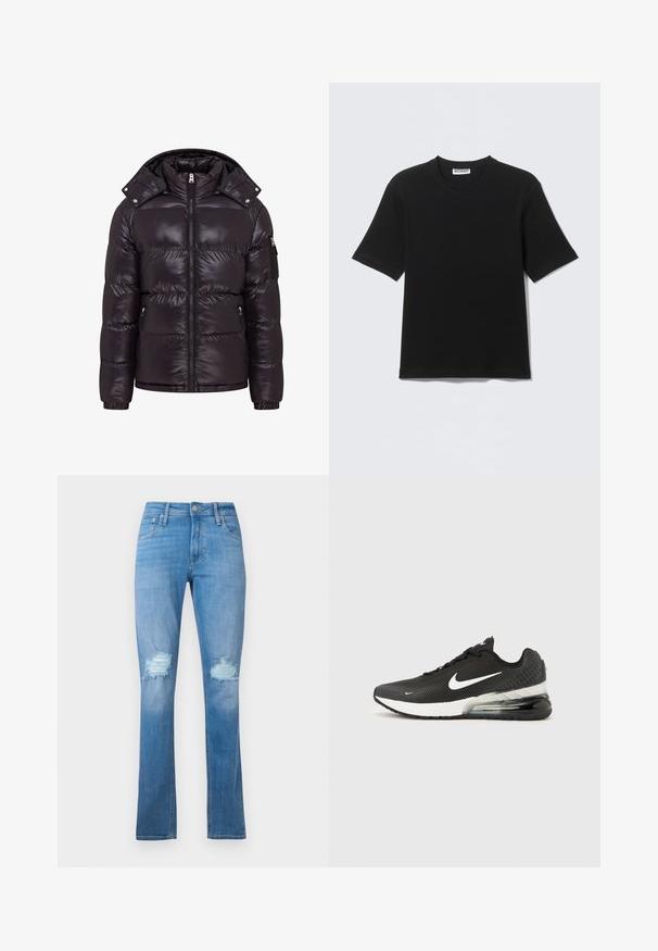 Sort pufferjakke med en glat finish, lynlås foran, høj krave og lynlåslommer på siden. Den har en aftagelig hætte og ribbede manchetter.; Sort kortærmet T-shirt med rund hals og "WEEKDAY" mærke på indersiden af kraven, vist fladt på en lys baggrund.; Lyseblå denim jeans med lige ben, med slidte knæ med frynser og klassisk femlomme-design.; Sort Nike Air Max 270 sneaker med hvid swoosh-logo, hvid mellemsål og synlig luftpude i hælen på en ensfarvet baggrund.