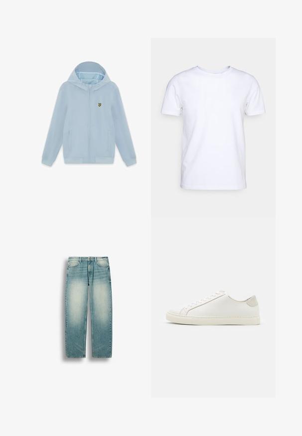 Lichtblauwe hoodie met rits en aangehechte capuchon, twee zakken aan de voorkant en een klein geel vogellogo op de linkerborst.; Witte katoenen t-shirt met korte mouwen en een ronde hals. Eenvoudig ontwerp zonder patronen of accenten. Glad textuur.; Lichtblauwe rechtuit vallende spijkerbroek met vervaagde plekken op de dijen, voorzakken, riemlussen en knoopsluiting in de taille.; Witte leren sneaker met een gladde oppervlakte, ronde neus en minimalistisch ontwerp. Heeft beige accenten op de hiel en een rubberen zool.