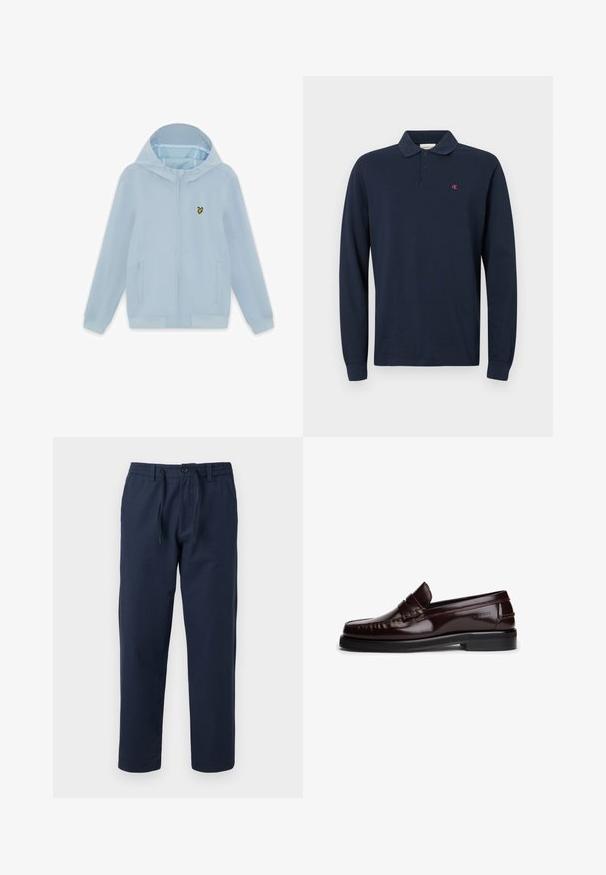 Sweat à capuche bleu clair avec fermeture éclair, capuche attachée, deux poches avant et petit logo d'oiseau jaune sur le côté gauche de la poitrine.; Polo à manches longues bleu marine avec col, patte de boutonnage à deux boutons et petit logo CK rouge sur la poitrine gauche. Tissu en coton.; Pantalon bleu marine droit avec taille élastique, fermeture par bouton et cordon à l'avant, adapté pour un usage décontracté.; Mocassins en cuir marron à finition brillante, ornés de coutures décoratives, avec une bride sur le dessus et une semelle en caoutchouc plate.