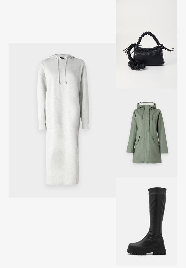 ONLY ONLSALLY RAINCOAT - Wintermantel - castor gray; Hoodie-Kleid mit langen Ärmeln aus leicht grauem Sweatstoff, das einen lockeren Schnitt, seitliche Schlitze und eine Anpassungsschnur an der Kapuze aufweist.; Even&Odd Plateaustiefel - black; Schwarze Handtasche aus Kunstleder mit Krokodilstruktur, gerafftem oberen Teil und einem geschoppten Tragegurt. Sie wirkt weich und kompakt im Design.