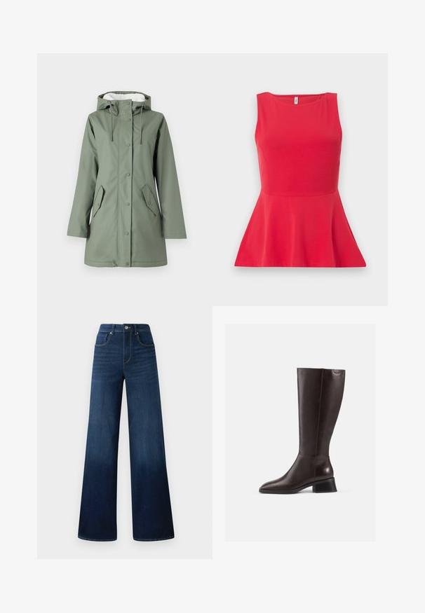 ONLY ONLSALLY RAINCOAT - Talvemantel - castor gray; Punane varrukateta peplum top ümmarguse kaelusega ja istuva taljega, esitletud tavalise taustaga.; Laiad tumedad sinised teksad, mis on valmistatud denimist, kõrge vöökoha, viie tasku ja kontrastõmblustega õmbluste äärel.; Põlvikud pruunist nahast, ulatudes põlvedeni, siledaga viimistlusega, ümarate varvastega ja musta kiilukontsaga. Lihtne disain koos minimaalsete riistvaradetailidega.